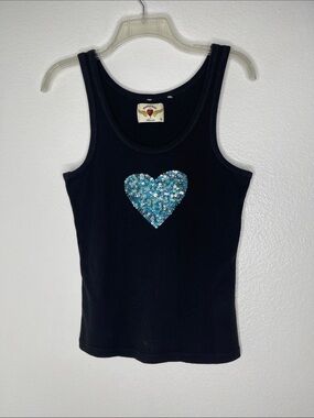 Vintage Y2K Twisted Heart Black Ribbed Tank Top Blue Heart Sequined Size Medium